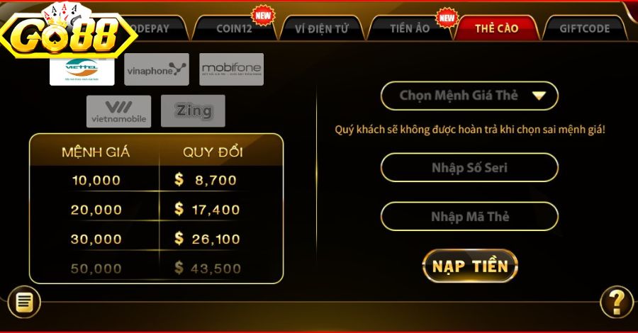 Quy trình gửi tiền nhanh chóng bằng thẻ cào